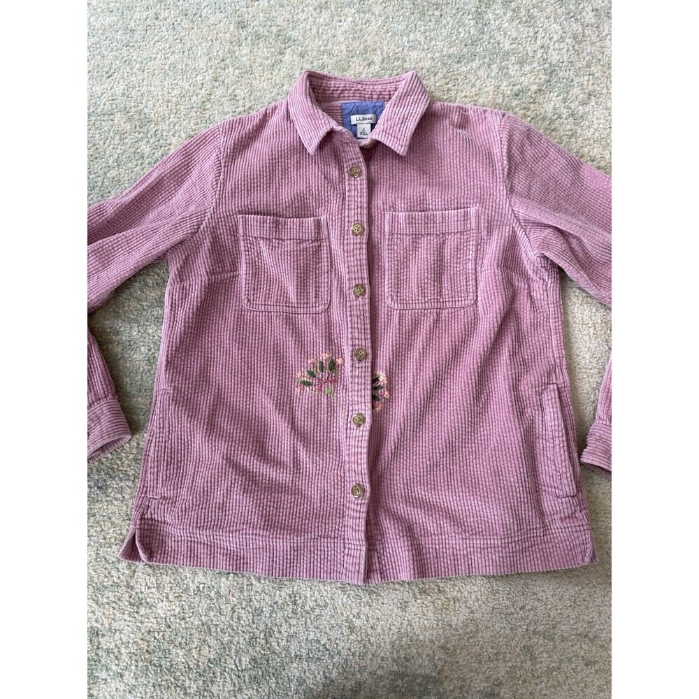 LL Bean Corduroy Shirt Size S Pink Long Sleeve Button Up Embroidered Floral